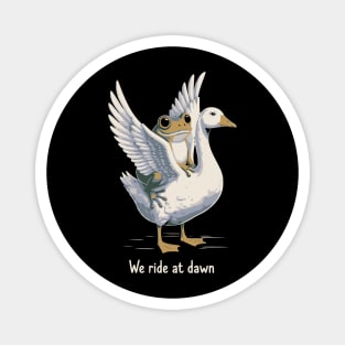 We Ride at Dawn – Funny Frog Riding Goose Chaotic Animal Meme Magnet